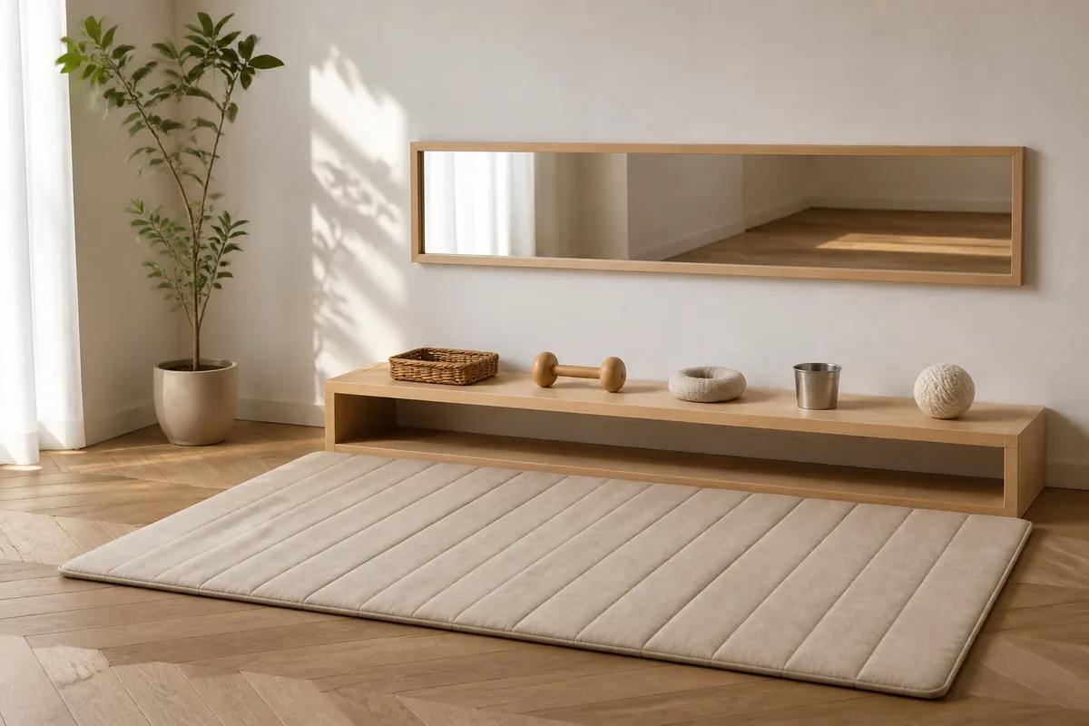 Coin d&rsquo;éveil Montessori avec tapis au sol, étagère basse et miroir horizontal