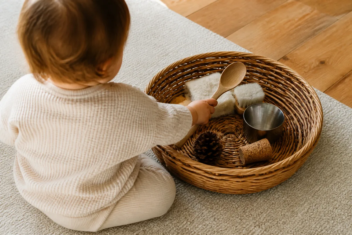Bébé assis explorant un panier en osier rempli d&rsquo;objets naturels en bois et métal