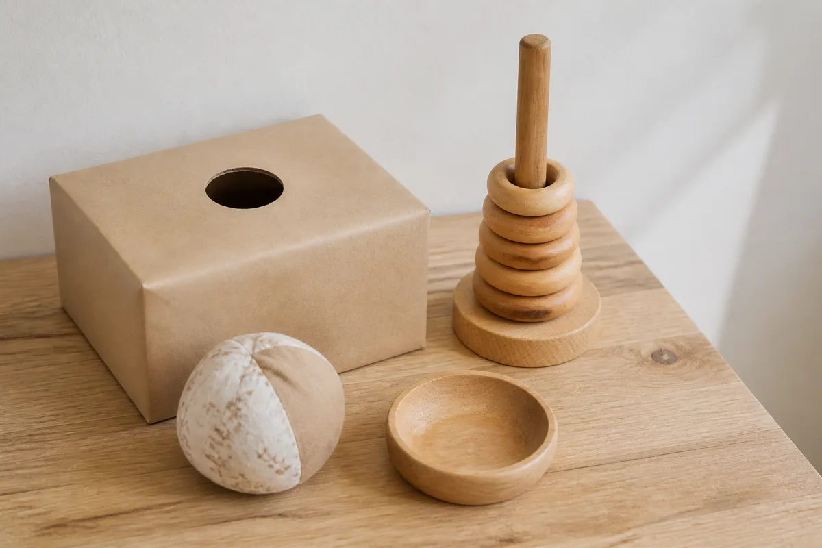 Boîte à permanence de l&rsquo;objet fabriquée maison et anneaux de rideau enfilés sur une tige