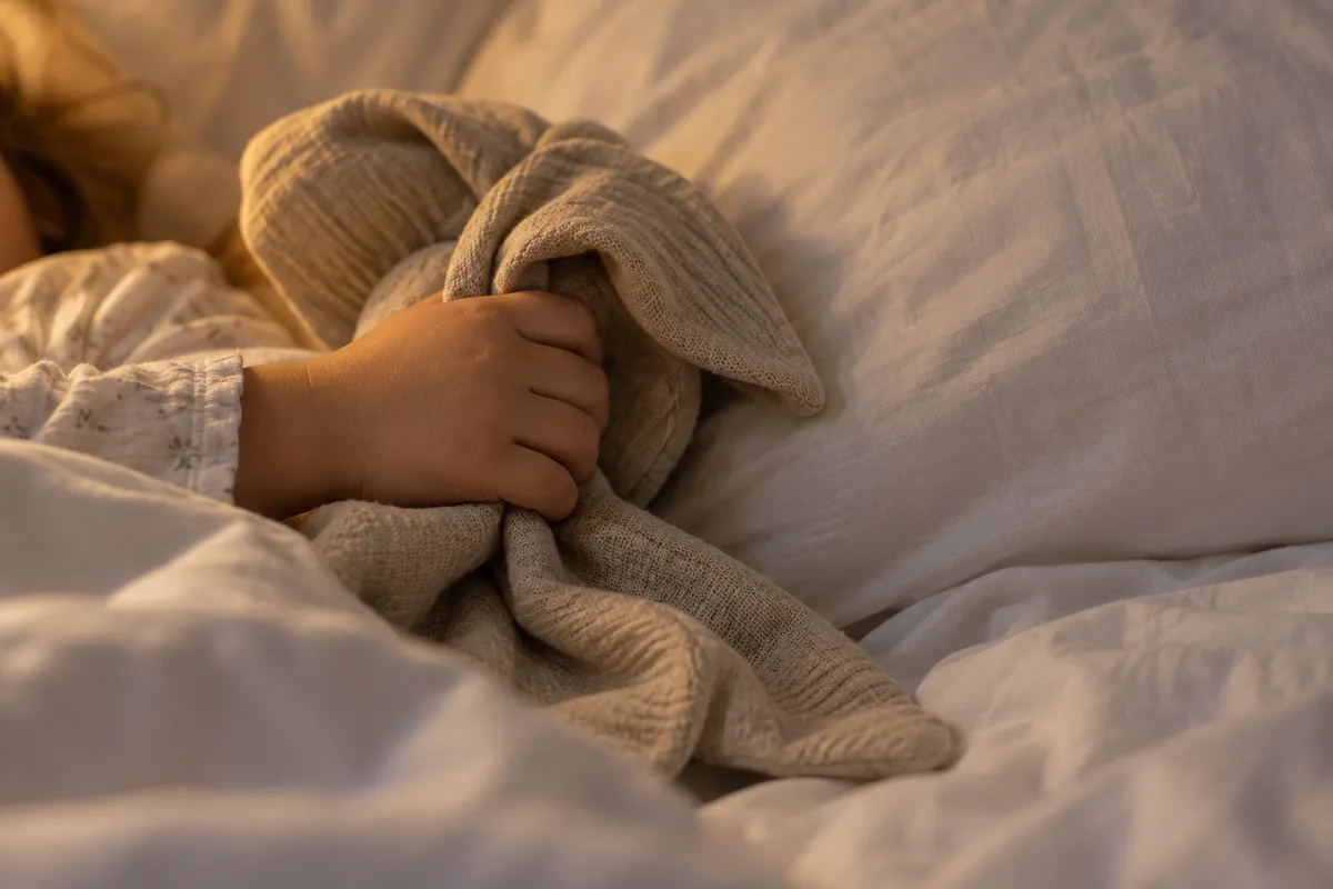 Petite main d’enfant qui serre un doudou uni contre un oreiller blanc