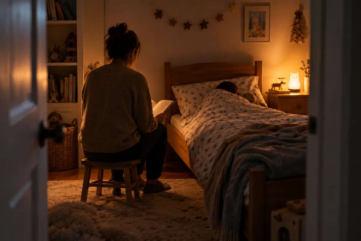 Parent vu de dos qui lit une histoire près d’un lit d’enfant à la lueur d’une veilleuse