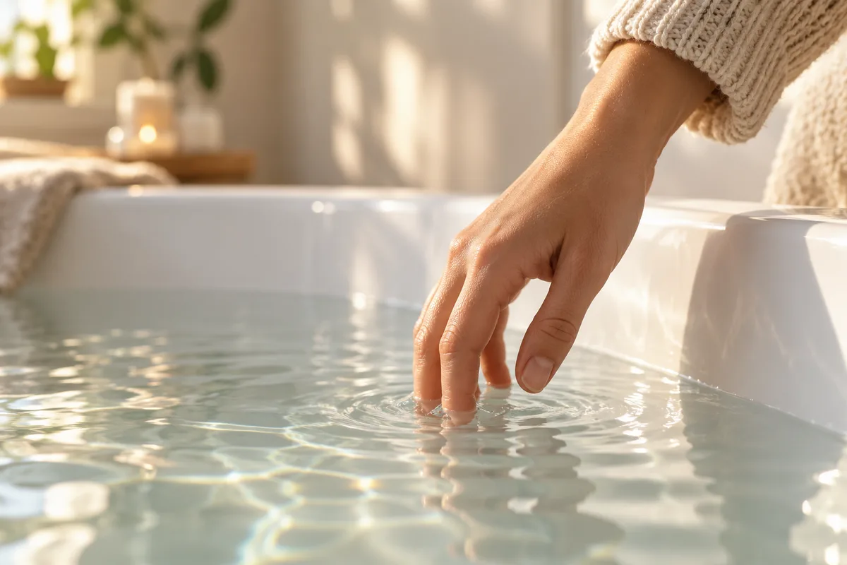 Main d’adulte qui effleure la surface de l’eau claire d’un bain dans une lumière douce