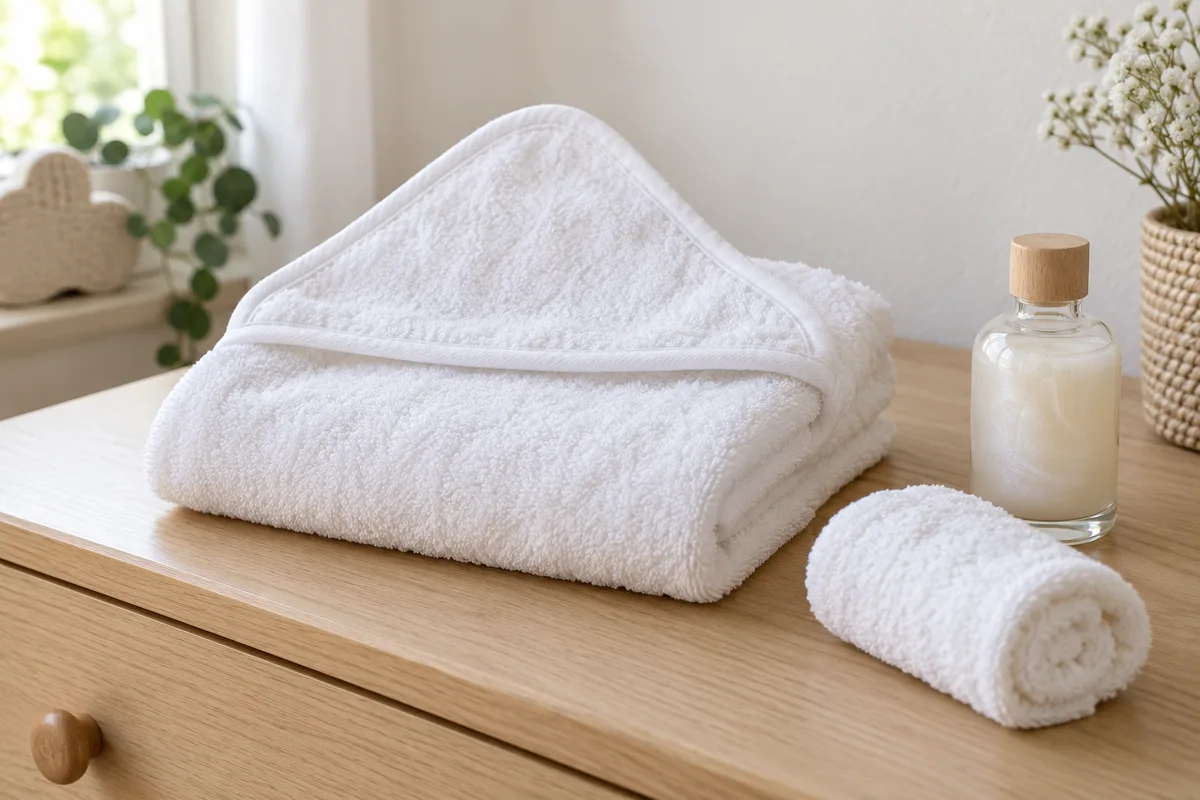 Serviette à capuche en coton blanc pliée à côté d’un gant de toilette et d’un flacon en verre uni