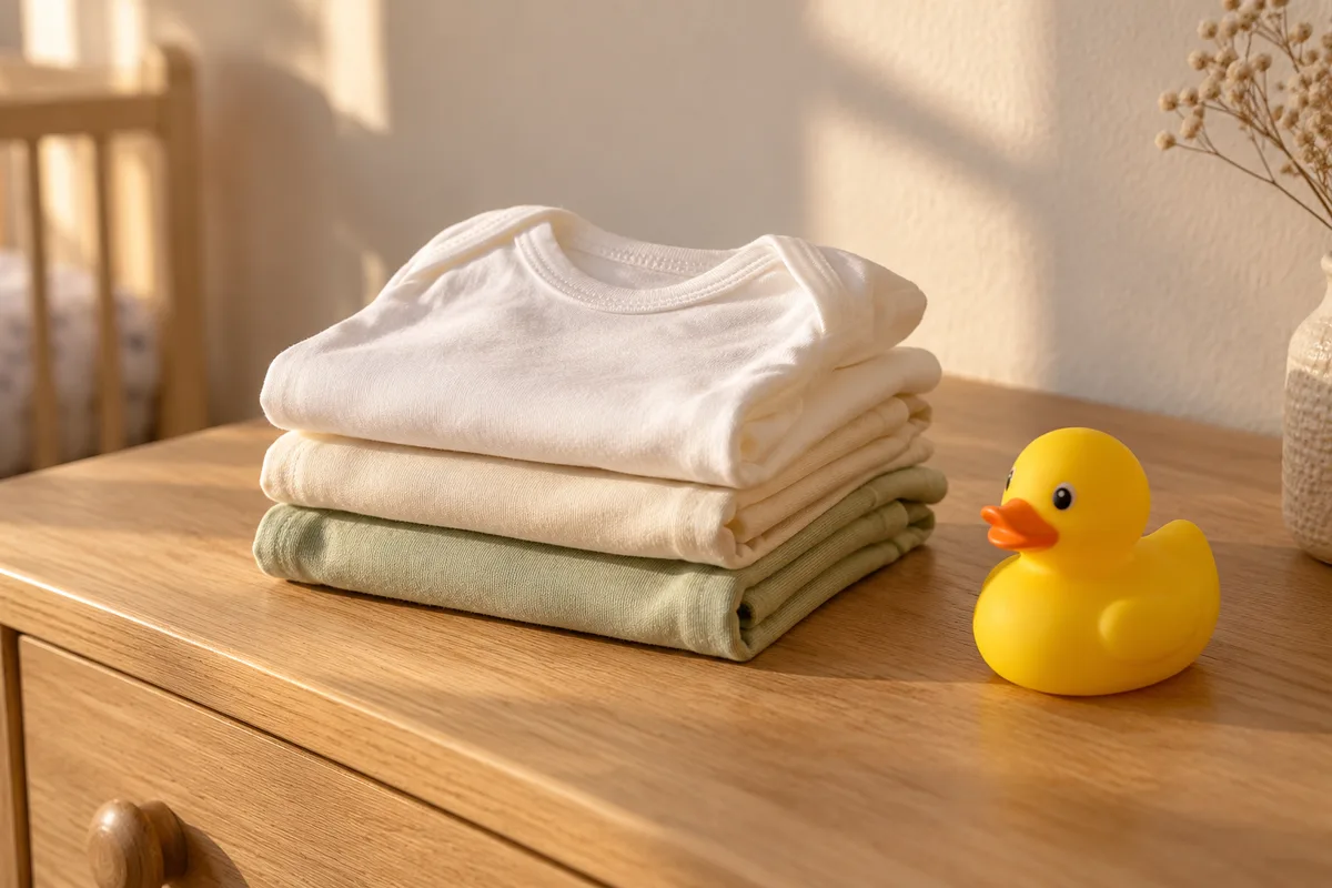 Pile de bodies en coton unis pliés et petit canard de bain jaune posés sur une commode en bois
