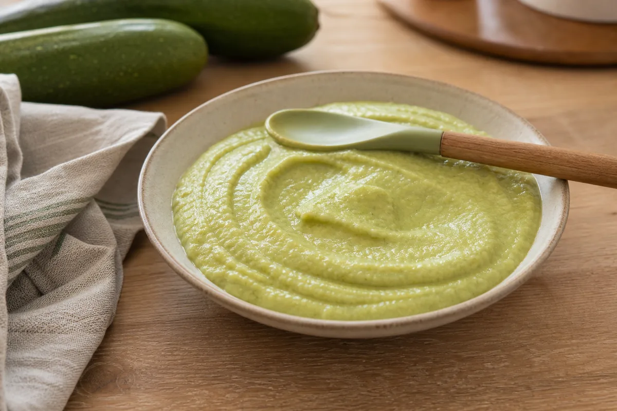 Petite cuillère en bois et bol de purée de légumes posés sur une table de cuisine