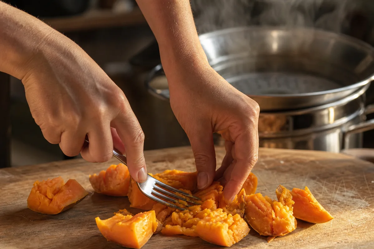 Mains d’adulte préparant des légumes vapeur sur une planche en bois