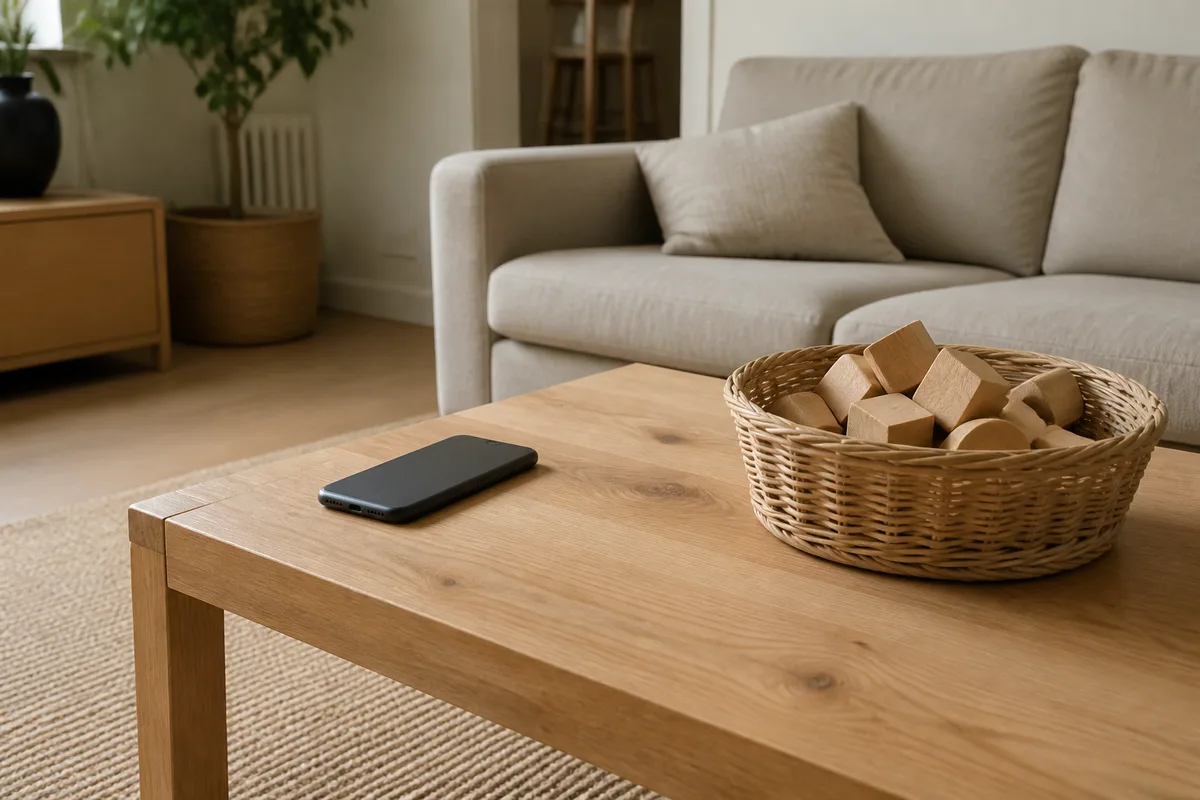 Salon familial en fin d&rsquo;après-midi, téléphone posé écran contre la table en bois clair, panier de cubes en bois à côté