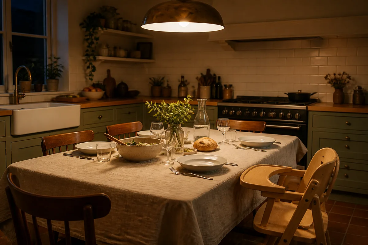 Table de cuisine française dressée pour le dîner, nappe en lin, chaise haute en bois, lumière chaude du soir, aucun appareil sur la table
