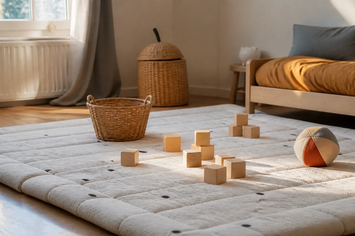 Tapis de jeu au sol dans une chambre d&rsquo;enfant, cubes en bois lisses et balle en tissu, lumière rasante du matin, pièce vide
