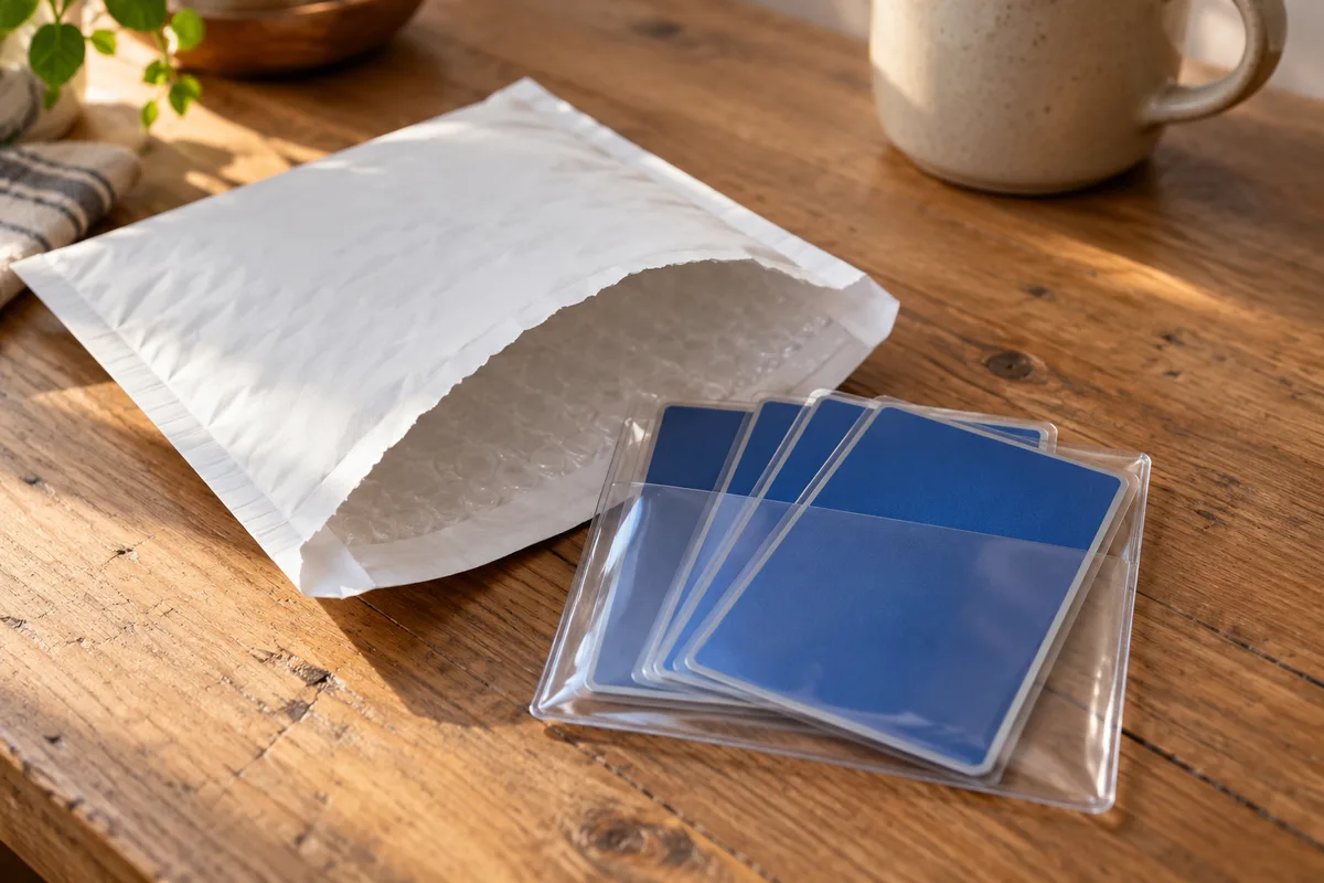 Enveloppe à bulles ouverte sur une table de cuisine, cartes à collectionner au dos bleu uni dans une pochette transparente