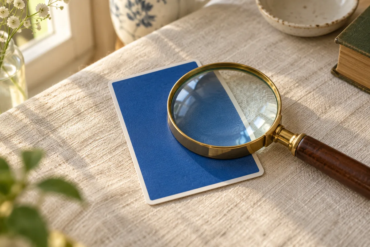 Loupe à monture dorée posée sur une carte à collectionner présentée côté dos bleu uni