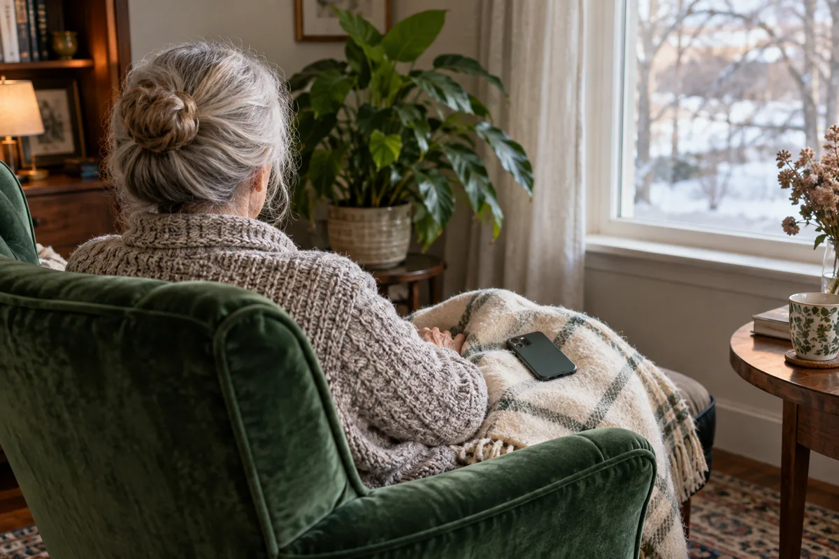 Grand-mère vue de dos dans un fauteuil, un téléphone posé face contre ses genoux