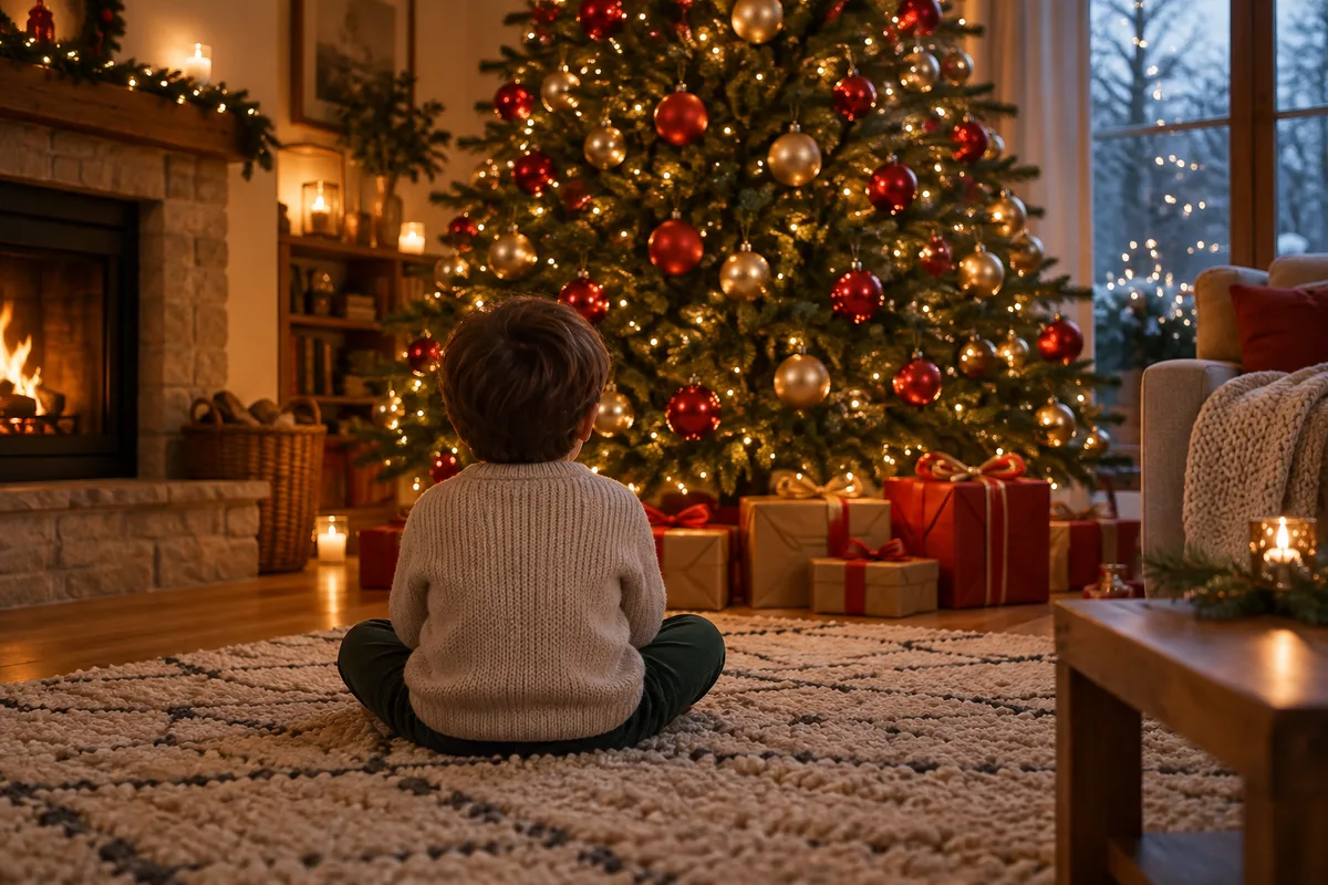 Enfant vu de dos qui contemple un sapin décoré de boules unies dans le salon