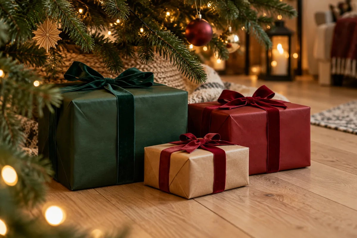 Trois paquets de tailles différentes aux papiers unis posés au pied du sapin
