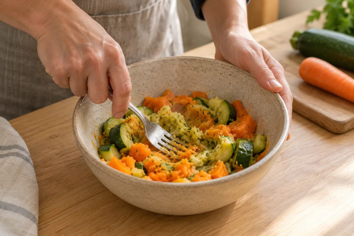 Mains d&rsquo;adulte écrasant à la fourchette des légumes cuits dans un bol en grès