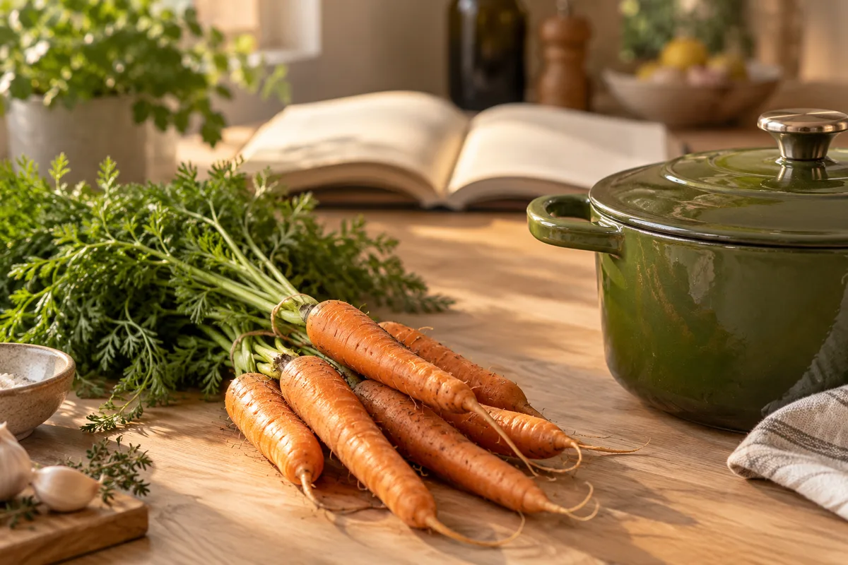 Livre ouvert aux pages floues derrière une casserole en fonte et des carottes fraîches
