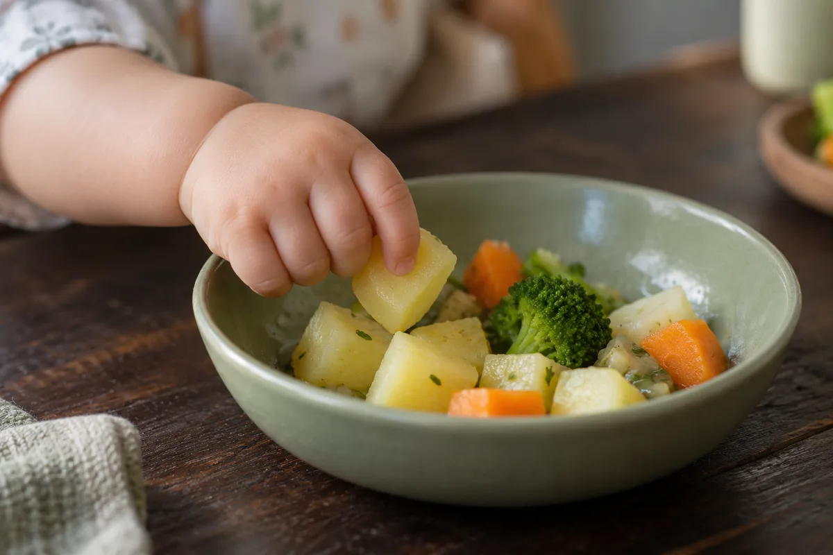 Petite main de bébé attrapant un morceau de pomme de terre cuite dans une assiette
