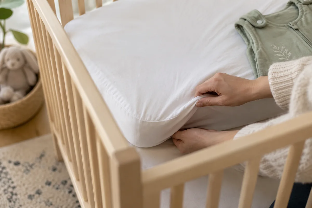 Mains ajustant un drap-housse blanc sur le matelas d&rsquo;un lit bébé en bois clair, turbulette pliée au pied du lit