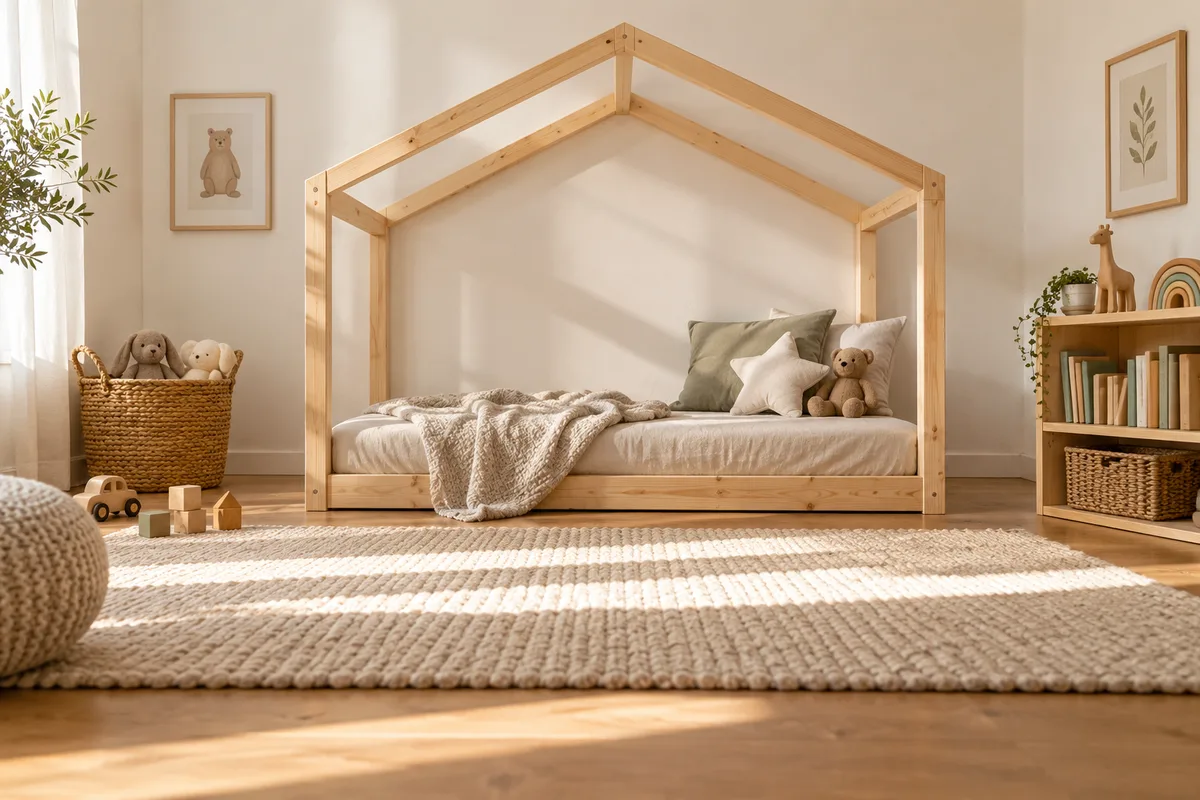 Lit cabane en bois naturel posé au ras du sol dans une chambre d&rsquo;enfant lumineuse, tapis clair et étagère basse
