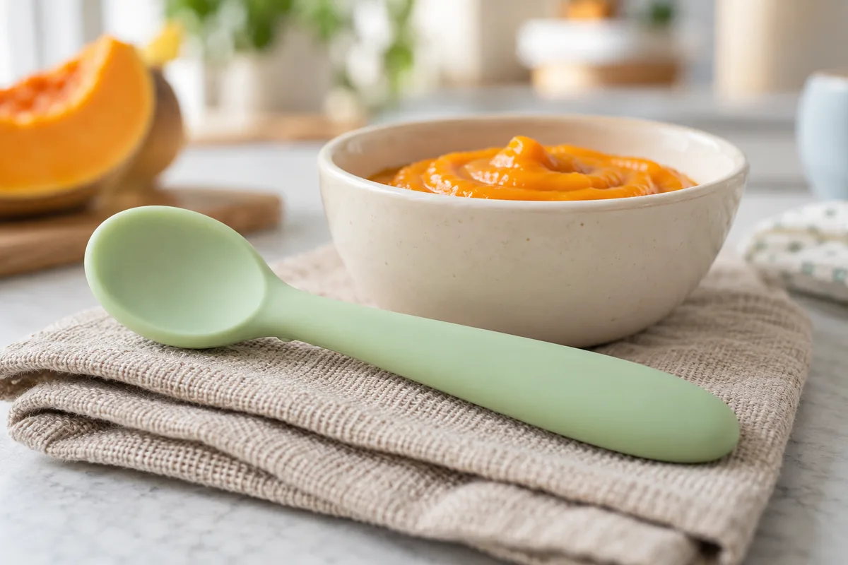 Cuillère souple de bébé posée sur une serviette en lin près d&rsquo;un bol de purée lisse