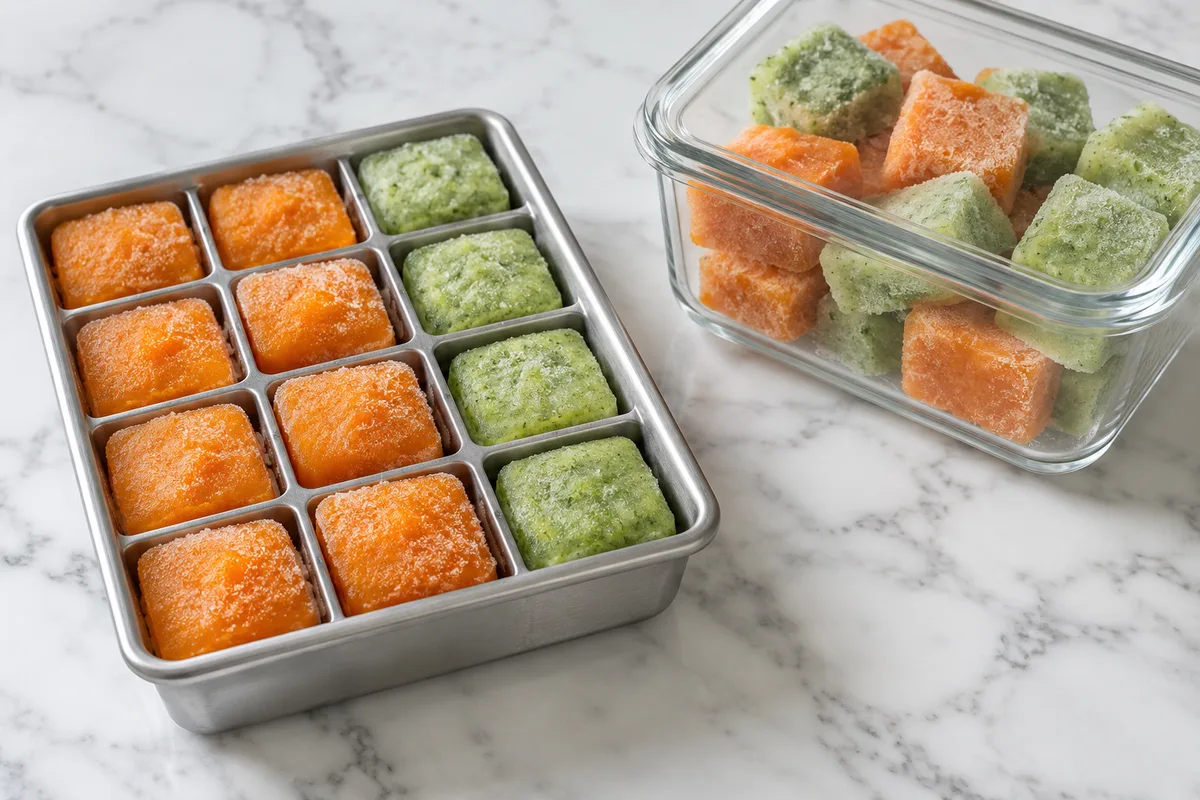 Bac à glaçons en inox rempli de cubes de purée orange et verte à côté d&rsquo;une boîte en verre fermée
