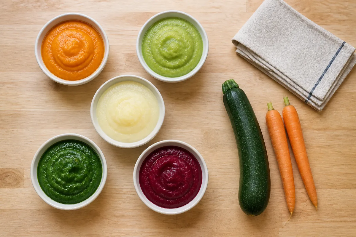 Plan de travail en bois clair, petits bols en céramique unie remplis de purées de légumes de couleurs différentes, courgette et carotte entières posées à côté, lumière naturelle du matin