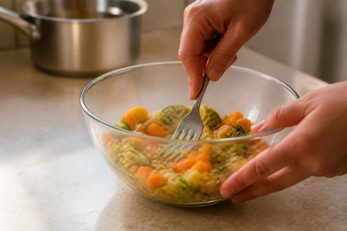 Mains d&rsquo;adulte écrasant à la fourchette des légumes cuits dans un bol en verre, plan de travail clair, légère vapeur, lumière de fin de journée