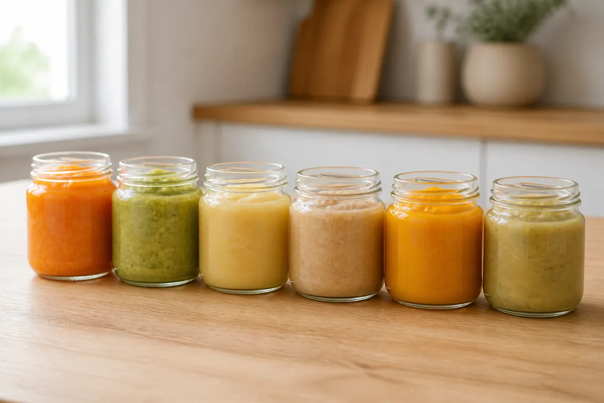 Petits pots en verre de purée de légumes colorés alignés sur un plan de travail en bois clair