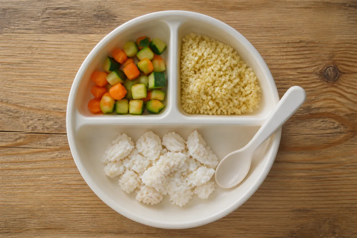 Assiette de bébé avec dés de légumes cuits et petite cuillère posée sur une table en bois