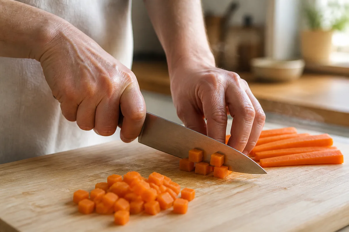 Mains d’adulte coupant des légumes vapeur en petits dés sur une planche à découper