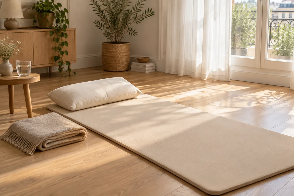 Tapis de sol clair et coussin ferme posés près d&rsquo;une fenêtre lumineuse dans une pièce calme