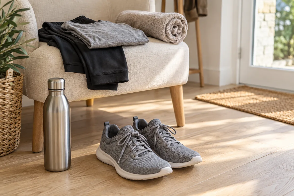 Chaussures de sport souples et tenue pliée sur un fauteuil clair, ambiance calme du matin