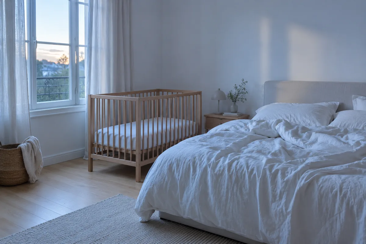 Berceau en bois clair vide près d&rsquo;un lit aux draps froissés dans une chambre calme au petit matin