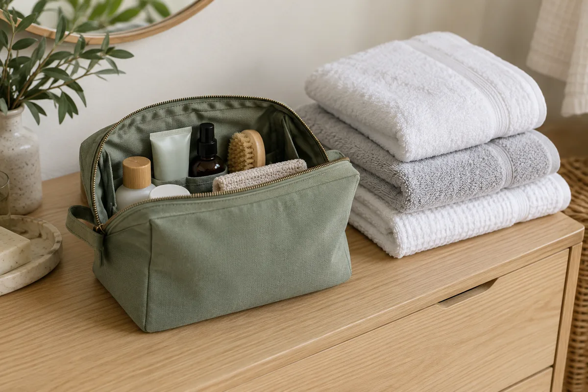 Trousse de toilette en coton uni ouverte sur une commode en bois à côté de serviettes en coton pliées