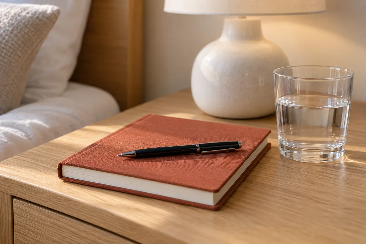 Carnet fermé à couverture unie, stylo et verre d&rsquo;eau posés sur une table de chevet en bois clair