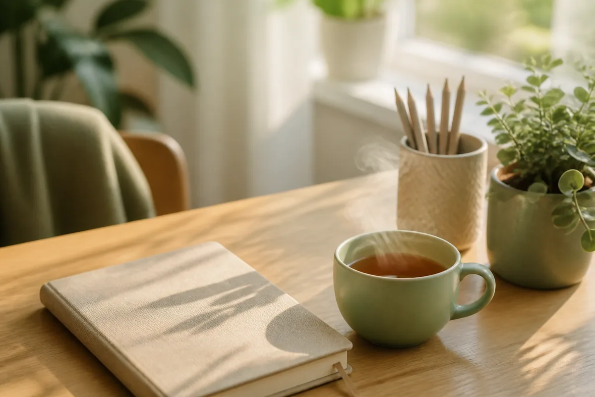 Coin bureau lumineux avec une tasse de thé, un carnet fermé et une plante verte