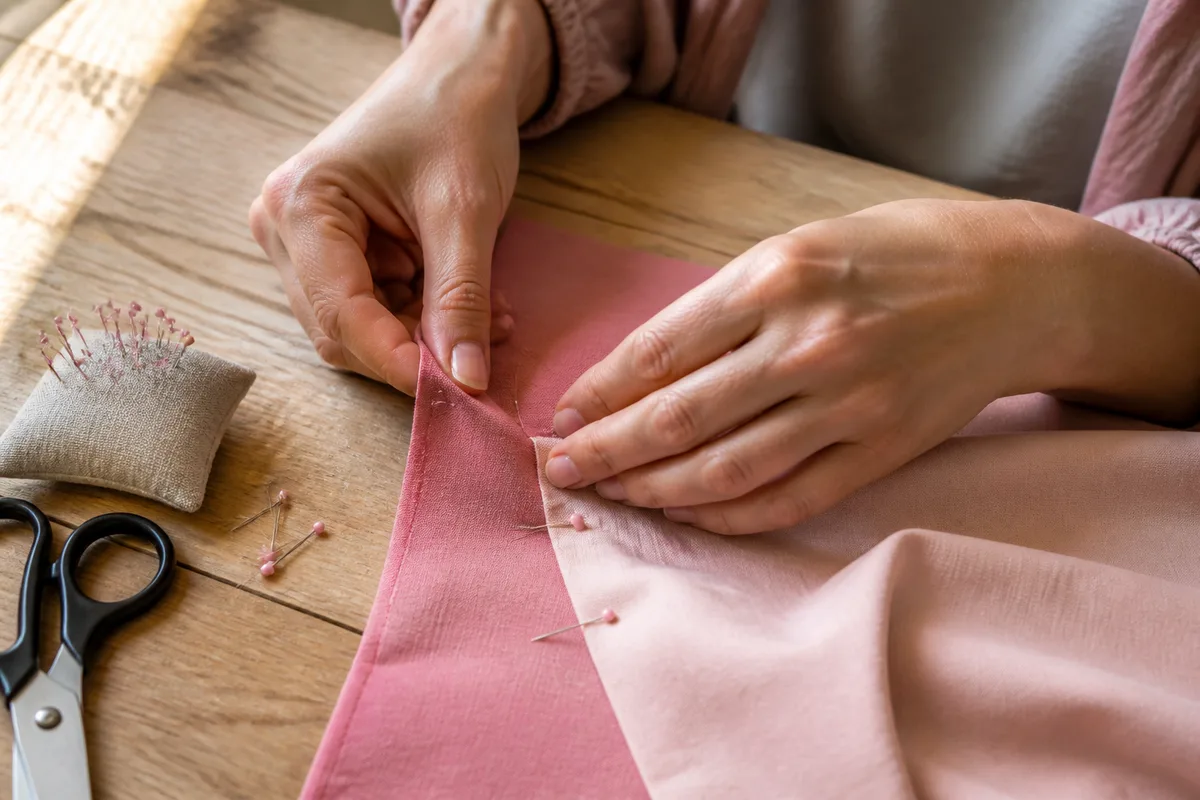 Mains d’une créatrice assemblant un tissu sur une table d’atelier