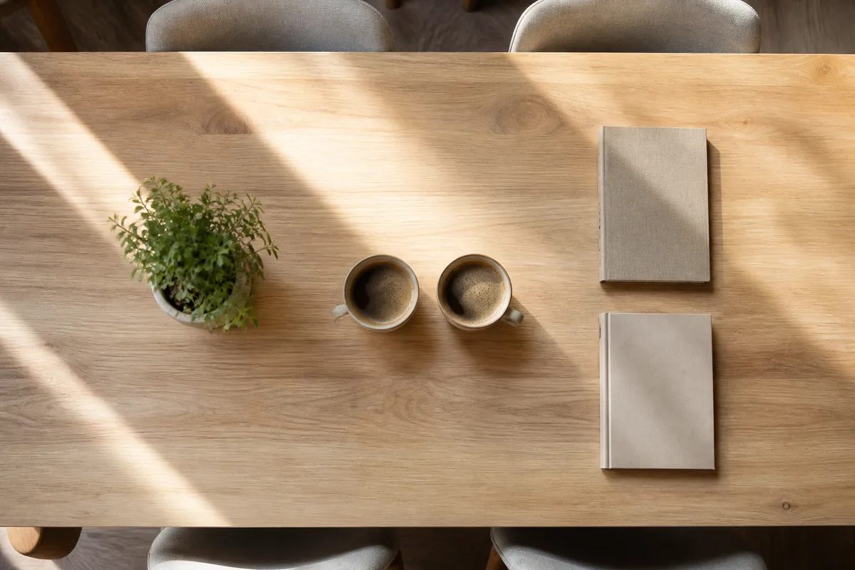 Table de coworking en bois clair avec deux tasses de café et des carnets fermés