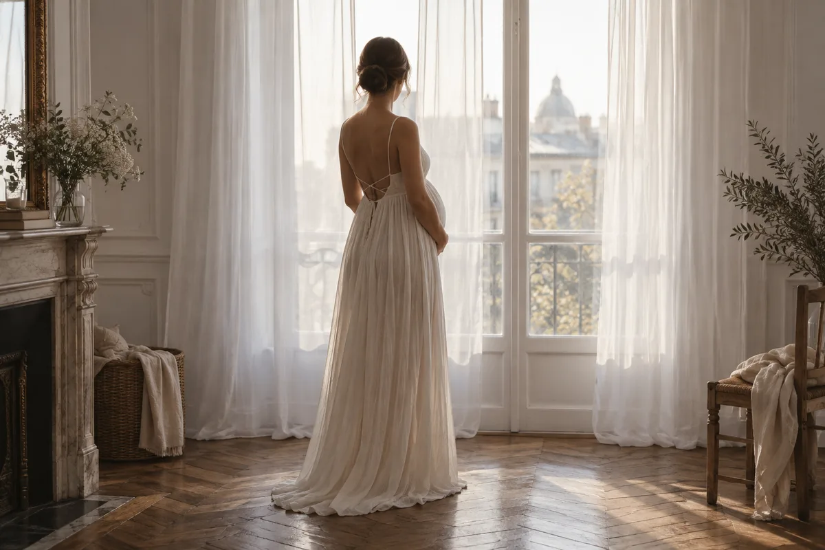 Silhouette de dos d’une future mariée en robe fluide devant une fenêtre au voilage clair