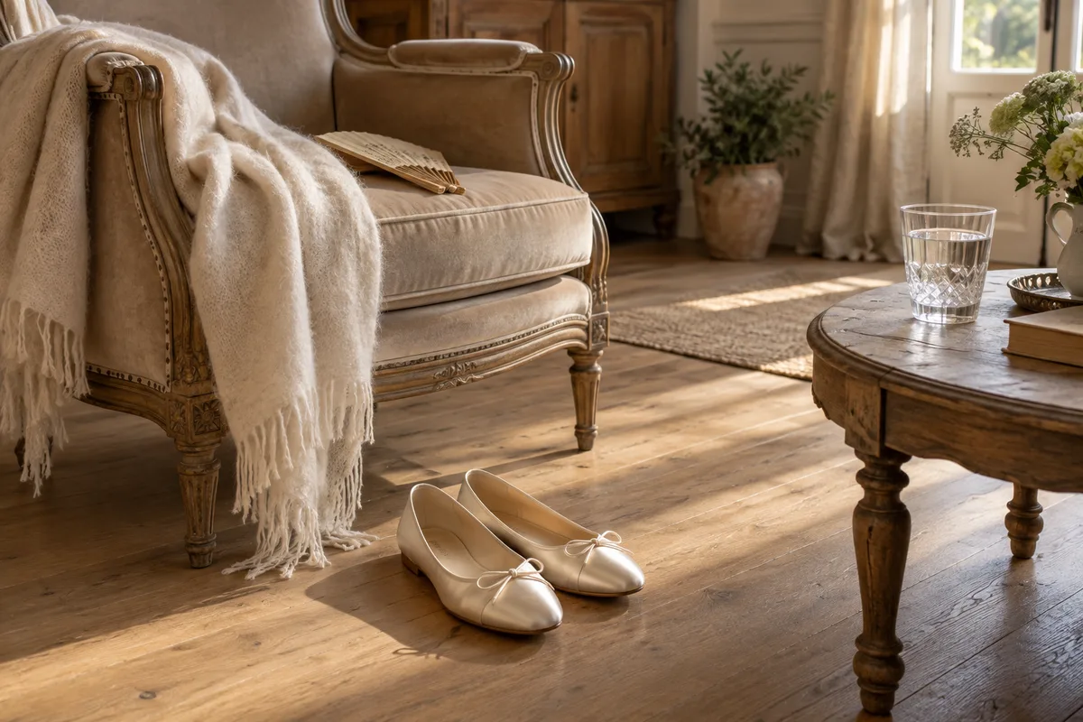 Chaussures plates en satin posées près d’un fauteuil dans une pièce calme et lumineuse