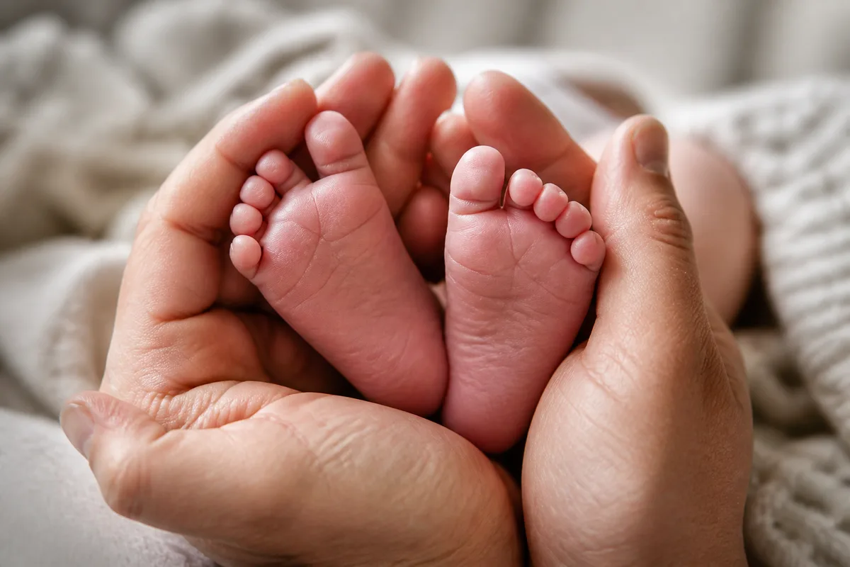 Détail des pieds d’un nouveau-né tenus entre les mains de ses parents