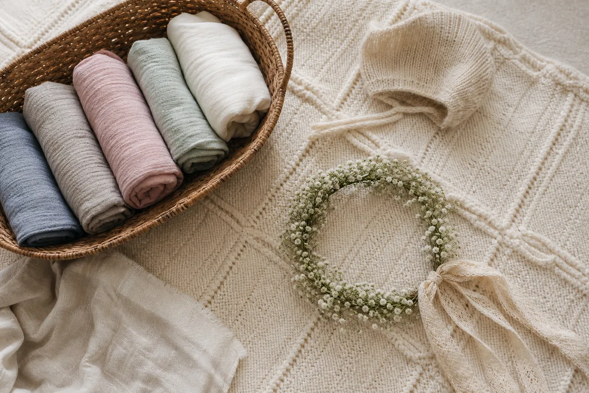 Accessoires de séance photo naissance disposés sur un plaid : panier, wraps et bonnet en laine